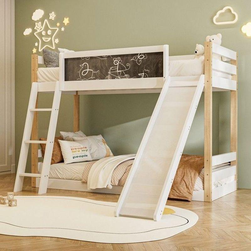 Beyaz ve Doğal Ahşap Kaydıraklı Merdivenli Masif Ranza - 90x200 cm - 125632