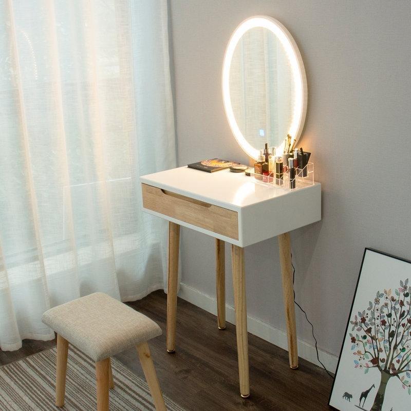 Beyaz ve Doğal Ahşap LED Işıklı Aynalı Çekmeceli Tabureli Makyaj Masası - 61 cm - 121408