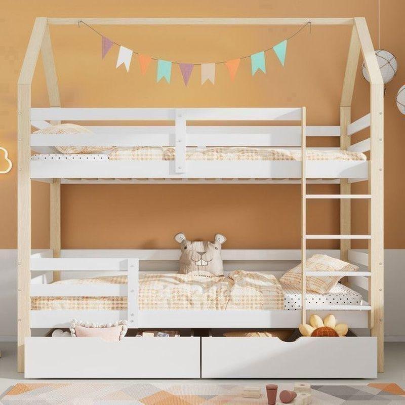 Beyaz ve Doğal Ahşap Masif Çam Çatılı ve Çekmeceli Ev Tipi Ranza - 90x200 cm - 125362