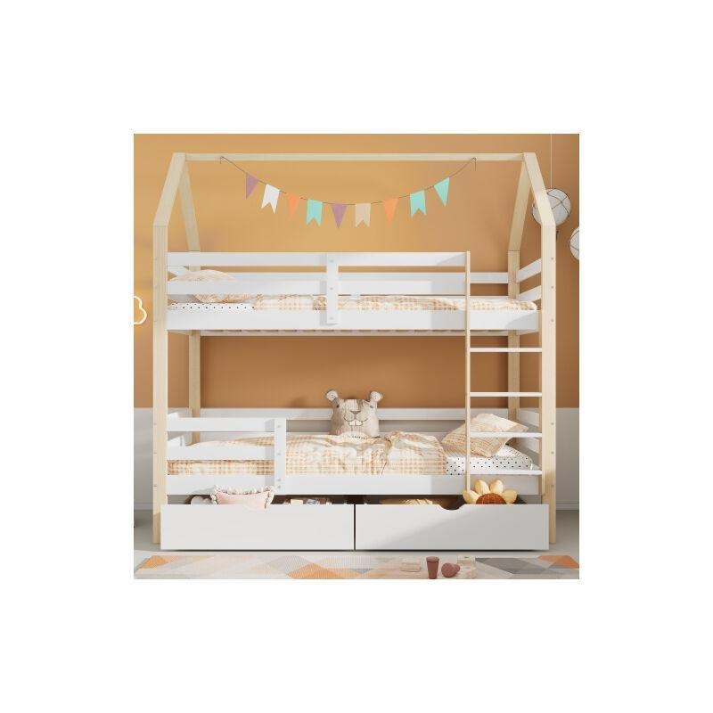 Beyaz ve Doğal Ahşap Masif Çam Çekmeceli Çatılı Ev Görünümlü Ranza - 90x200 cm - 125086
