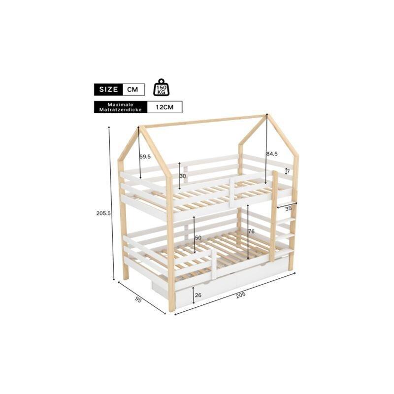 Beyaz ve Doğal Ahşap Masif Çam Çekmeceli Çatılı Ev Görünümlü Ranza - 90x200 cm - 125086