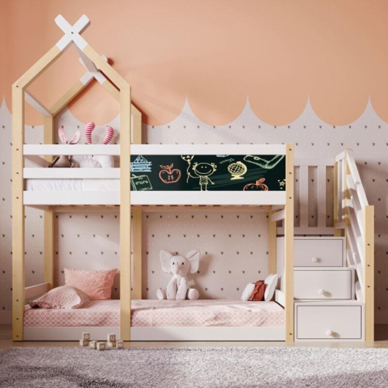Beyaz ve Doğal Ahşap Masif Çam Gövdeli Çatılı Merdivenli ve Yazı Tahtalı Çekmeceli Montessori Ranza - 90x200 cm - 125193