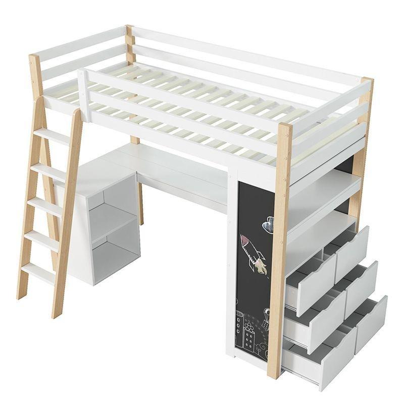 Beyaz ve Doğal Ahşap Masif ve MDF Çalışma Masalı Çekmeceli Yazı Tahtalı Ranza - 90x200 cm - 125887