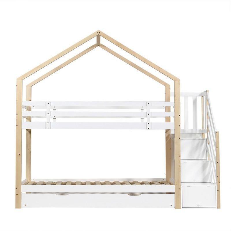 Beyaz ve Doğal Ahşap Masif ve MDF Çatılı Merdivenli Çekmeceli Yavru Yataklı Ranza - 90x200 cm - 125386