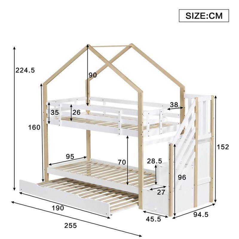 Beyaz ve Doğal Ahşap Masif ve MDF Çatılı Merdivenli Çekmeceli Yavru Yataklı Ranza - 90x200 cm - 125386