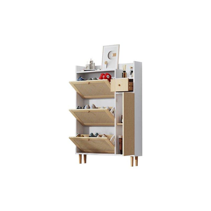 Beyaz ve Doğal Ahşap MDF 3 Düşer Kapaklı Çekmeceli Rattan Görünümlü Ayakkabılık - 90x17x125 cm - 118690