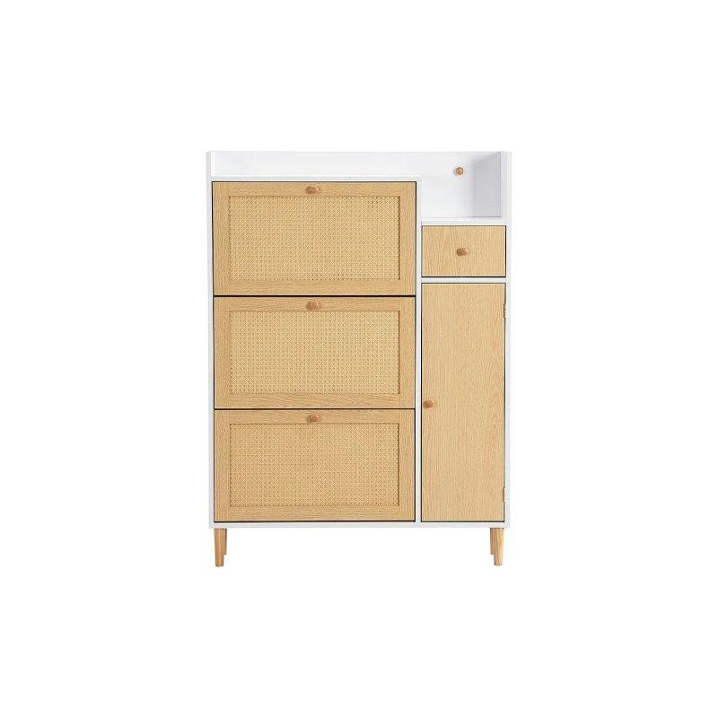 Beyaz ve Doğal Ahşap MDF 3 Düşer Kapaklı Çekmeceli Rattan Görünümlü Ayakkabılık - 90x17x125 cm - 118690