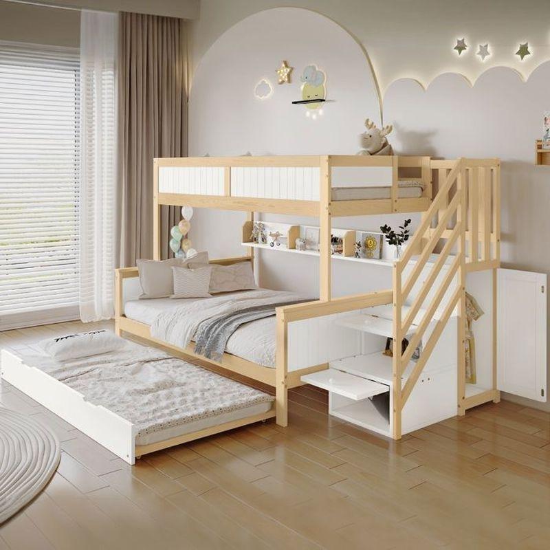 Beyaz ve Doğal Ahşap Merdivenli Raflı Çekmeceli Ranza - 120x200 cm - 125383