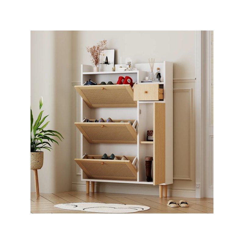 Beyaz ve Doğal Ahşap Rattan Detaylı 3 Düşer Kapaklı Çekmeceli Ayakkabılık - 90x17x125 cm - 118738
