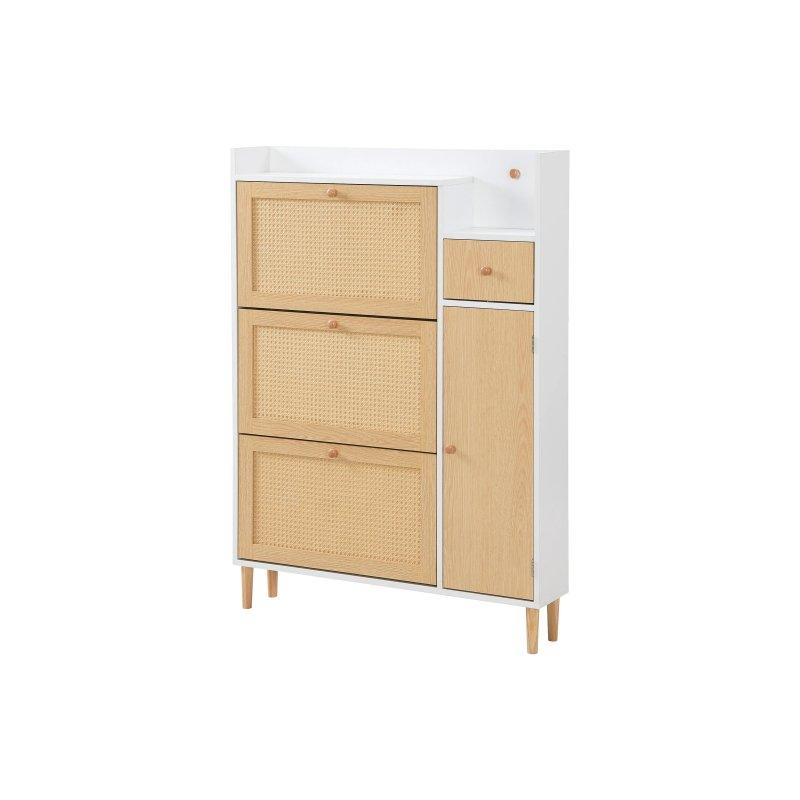 Beyaz ve Doğal Ahşap Rattan Detaylı 3 Düşer Kapaklı Çekmeceli Ayakkabılık - 90x17x125 cm - 118738