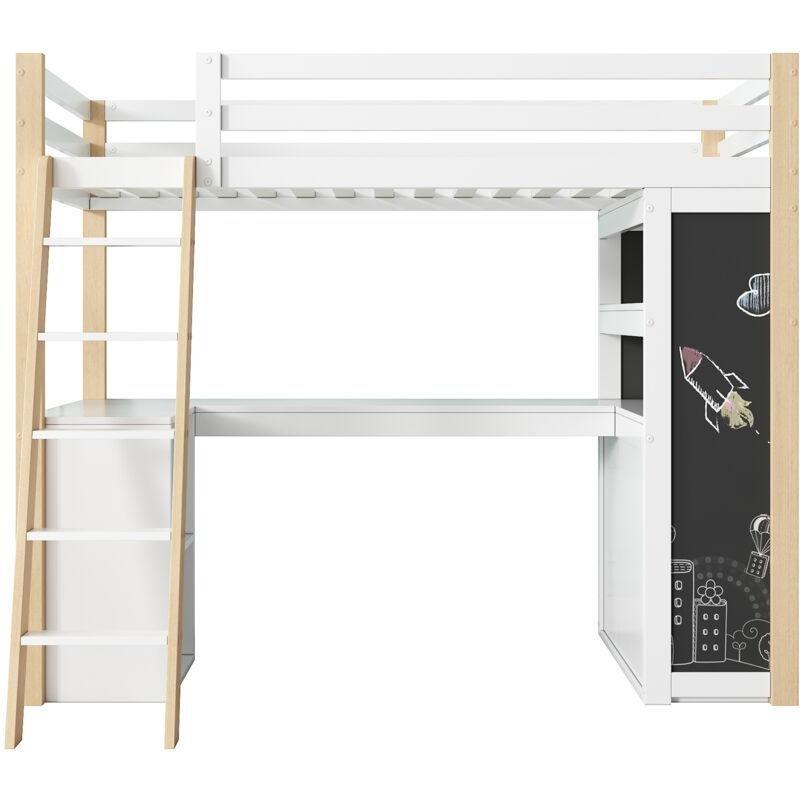 Beyaz ve Doğal Ahşap Renk MDF ve Ahşap Çalışma Masalı Dolaplı Ranza - 90x200 cm - 124848