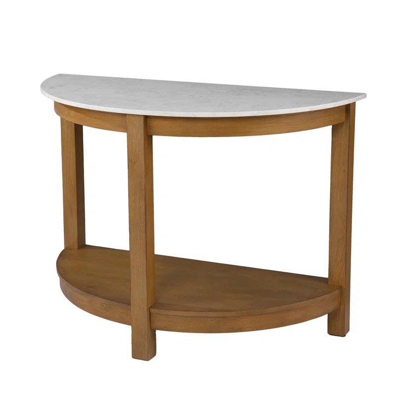 Beyaz ve Doğal Ahşap Renkli Raflı Yarım Ay Tasarımlı Mermer Dresuar - 107x51x77 cm - 132121