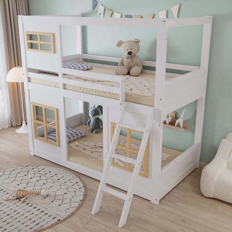 Beyaz ve Doğal Masif Çam Ahşap Pencere Tasarımlı Merdivenli Ranza - 90x200 cm - 125476