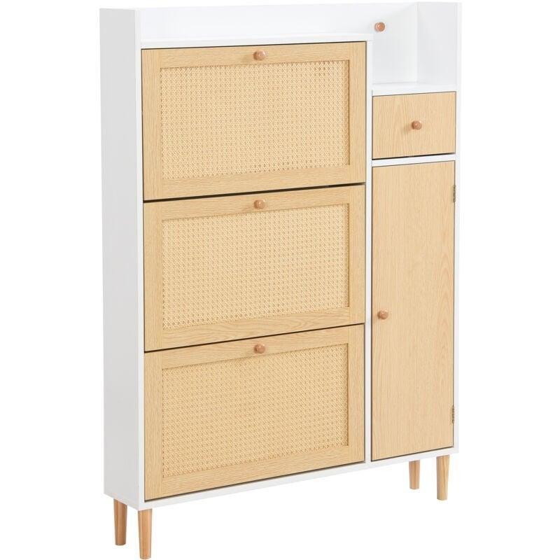 Beyaz ve Doğal Rattan Detaylı 3 Düşer Kapaklı Çekmeceli Ahşap Ayakkabılık - 90x17x125 cm - 119204