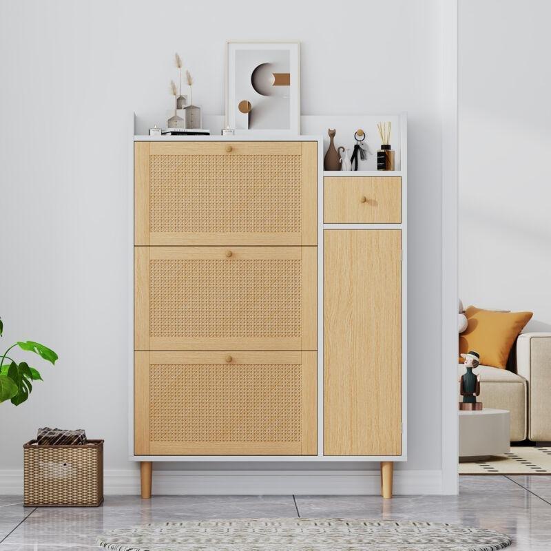 Beyaz ve Doğal Rattan Detaylı 3 Düşer Kapaklı Çekmeceli Ahşap Ayakkabılık - 90x17x125 cm - 119204