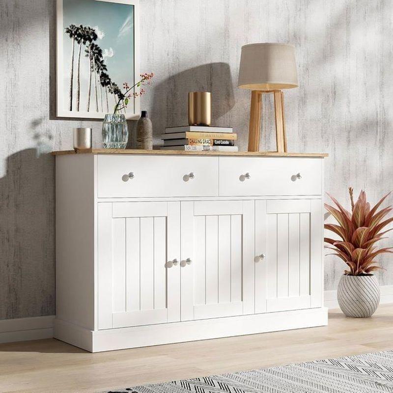 Beyaz ve Doğal Renk Masif Çam Rustik Tasarım Çok Amaçlı Şifonyer - 120x36x81 cm - 123672
