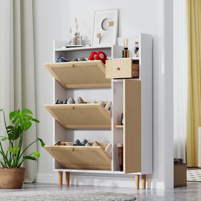 Beyaz ve Doğal Renk MDF 3 Düşer Kapaklı Çekmeceli Ahşap Ayakkabılık - 90x17x125 cm - 118812