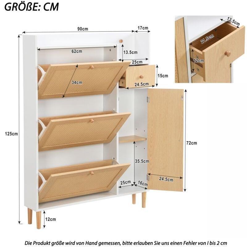 Beyaz ve Doğal Renk MDF 3 Düşer Kapaklı Çekmeceli Ahşap Ayakkabılık - 90x17x125 cm - 118812