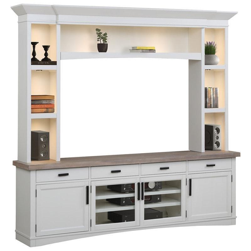 Beyaz ve Eskitme Meşe Masif Ahşap Detaylı LED Aydınlatmalı Cam Kapaklı TV Uyumlu Kitaplık - 242x224x46 cm - 141415
