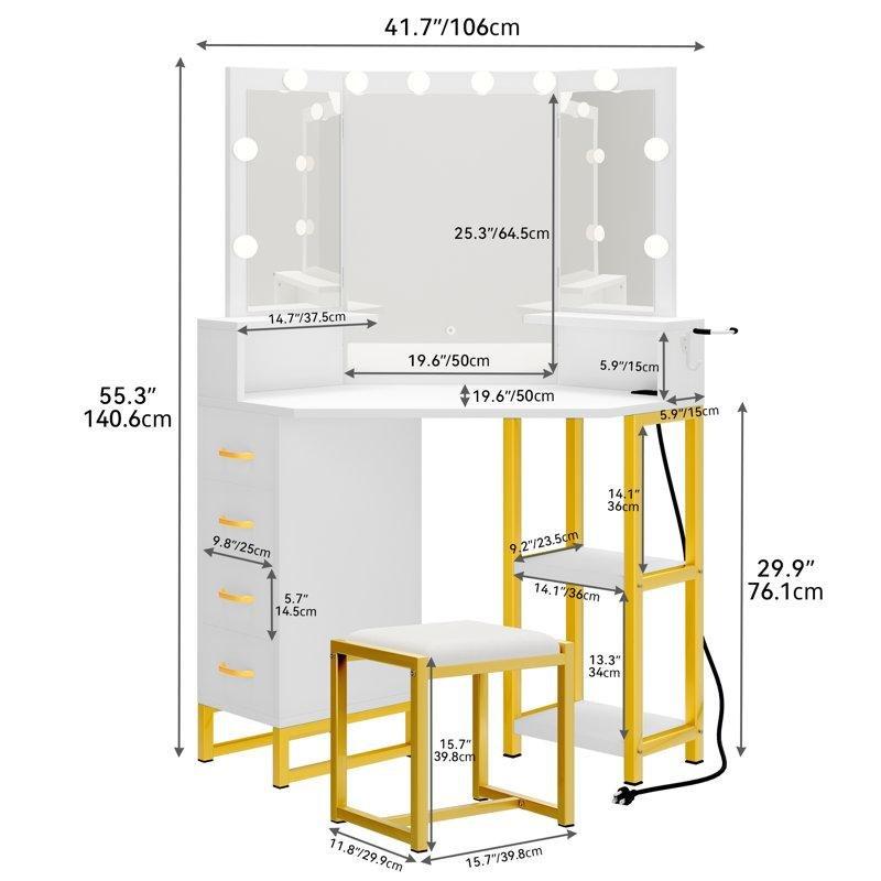 Beyaz ve Gold Endüstriyel Ahşap 10 LED Işıklı Priz ve USB Girişli Tabureli Makyaj Masası - 127 cm - 121372