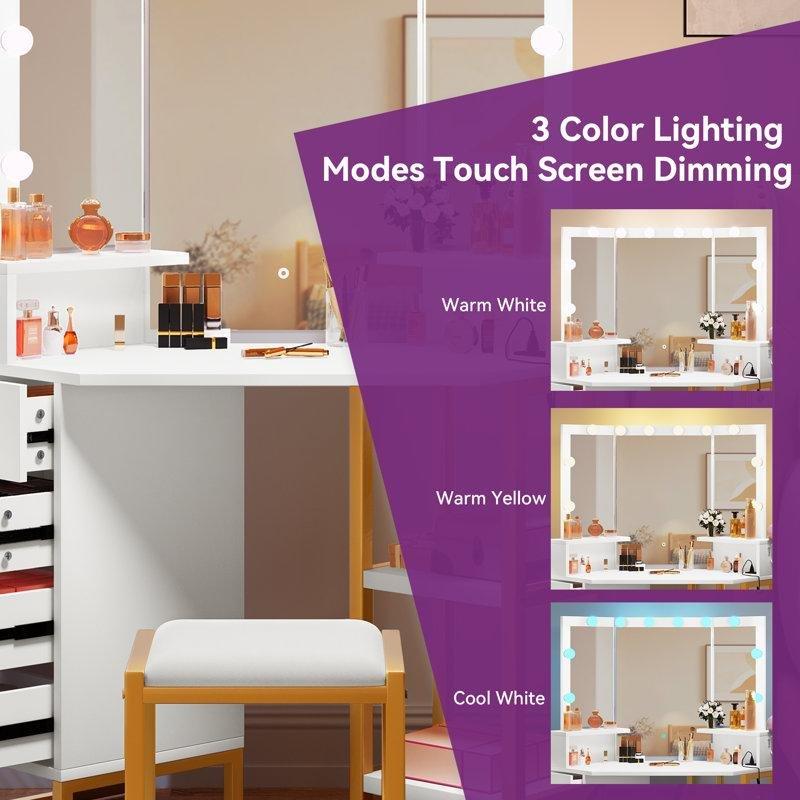 Beyaz ve Gold Endüstriyel Ahşap 10 LED Işıklı Priz ve USB Girişli Tabureli Makyaj Masası - 127 cm - 121372