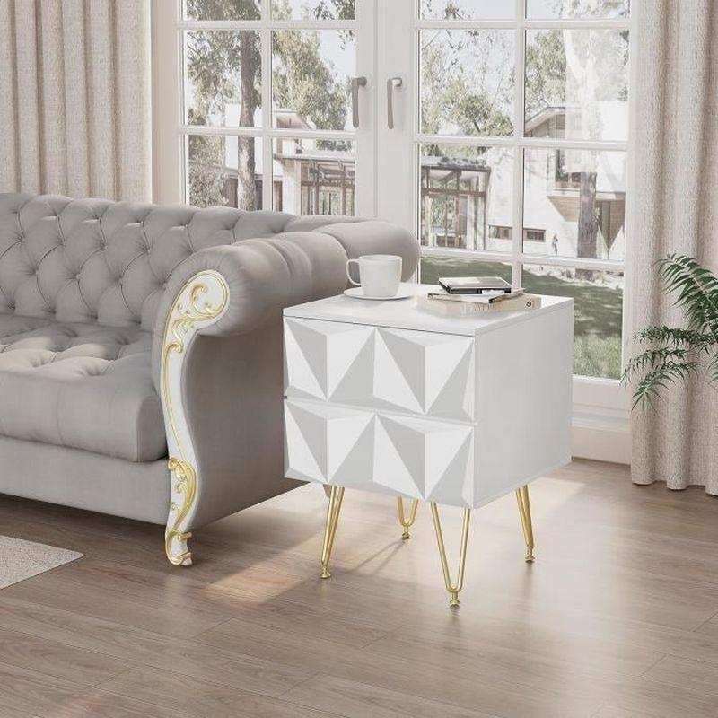 Beyaz ve Gold MDF 3D Geometrik Desenli Çekmeceli Komodin - 40x40x53 cm - 127828