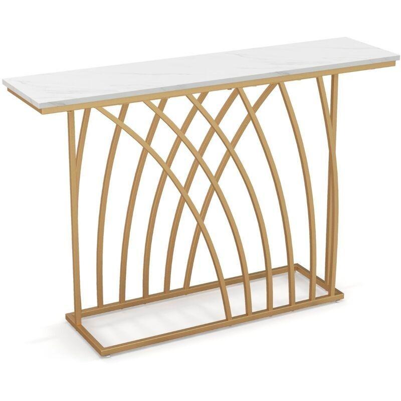 Beyaz ve Gold Mermer Desenli Geometrik Metal Ayaklı Dresuar - 120x30x80 cm - 133626