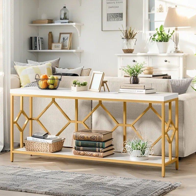 Beyaz ve Gold Metal Geometrik Ayaklı Çift Raflı Gold Dresuar - 180x35 cm - 131921