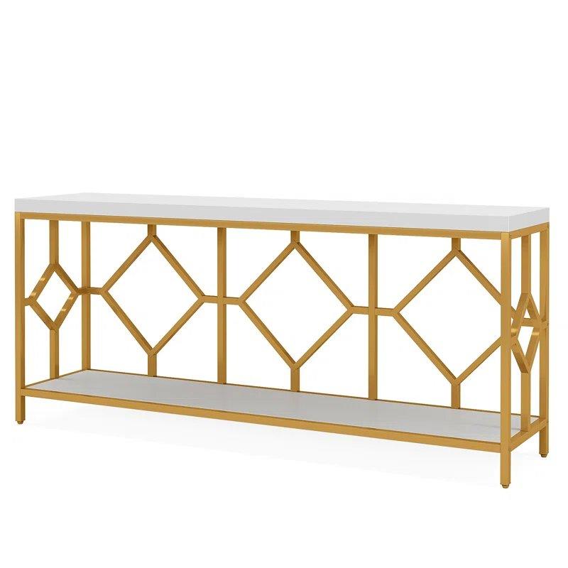 Beyaz ve Gold Metal Geometrik Ayaklı Çift Raflı Gold Dresuar - 180x35 cm - 131921
