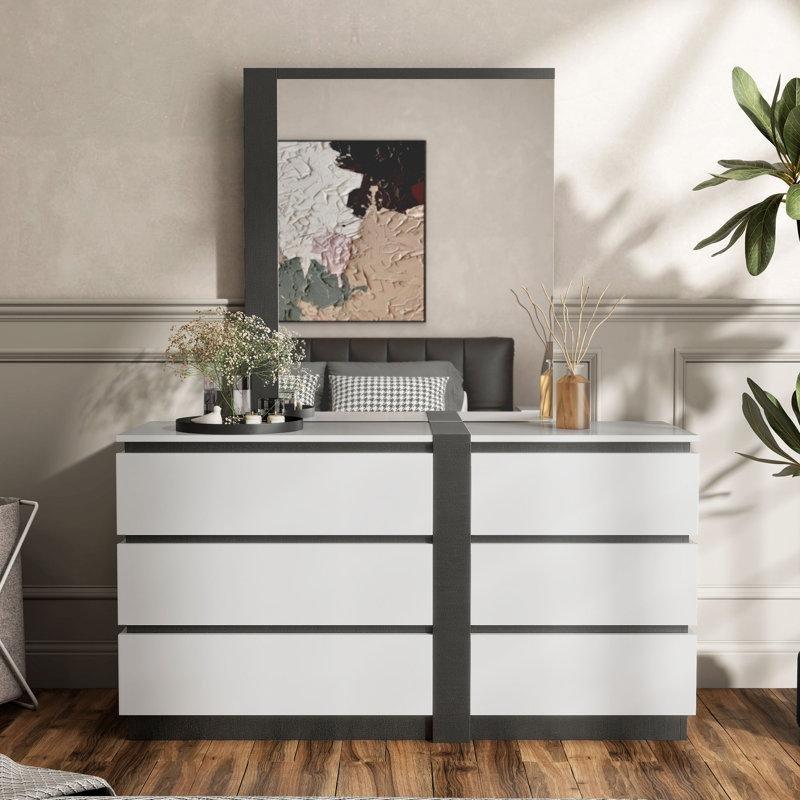 Beyaz ve Gri Ahşap 6 Çekmeceli Asimetrik Tasarımlı Aynalı Şifonyer - 148x180 cm - 123972