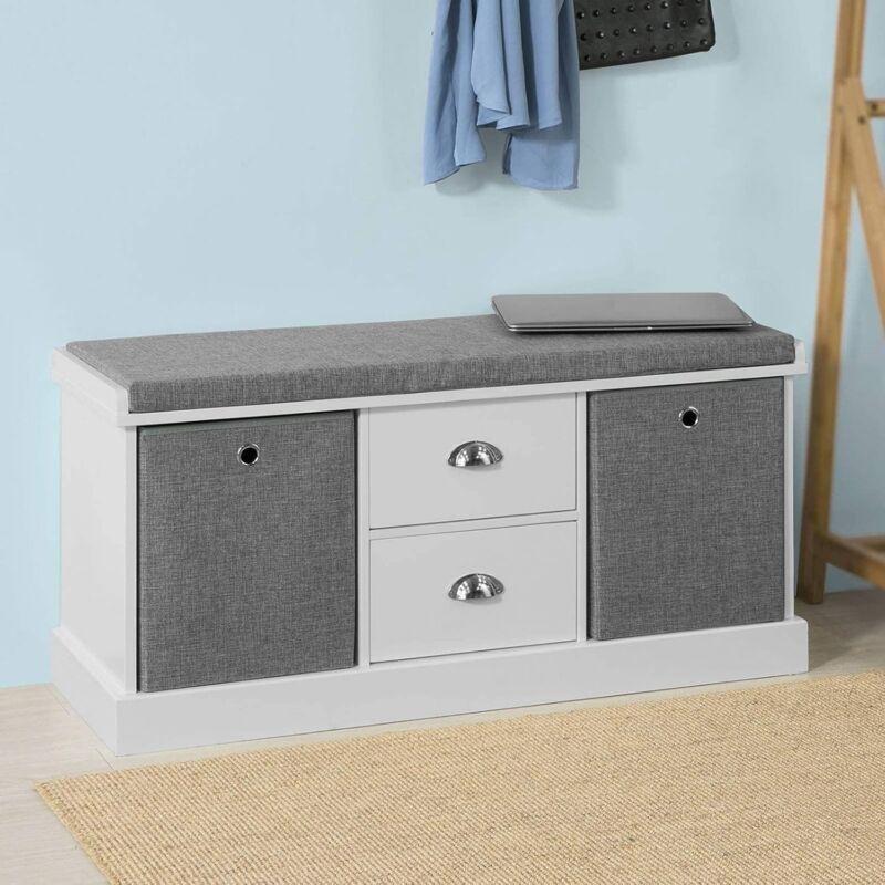 Beyaz ve Gri Ahşap Minderli Çekmeceli Sepetli Ayakkabılık Bench - 100x35x50 cm - 119591