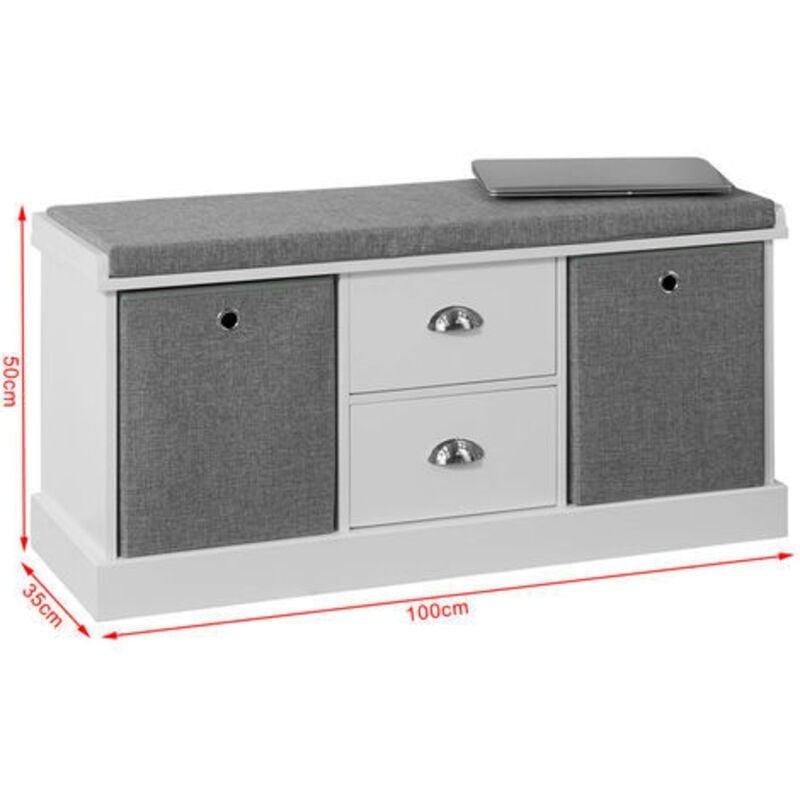 Beyaz ve Gri Ahşap Minderli Çekmeceli Sepetli Ayakkabılık Bench - 100x35x50 cm - 119591