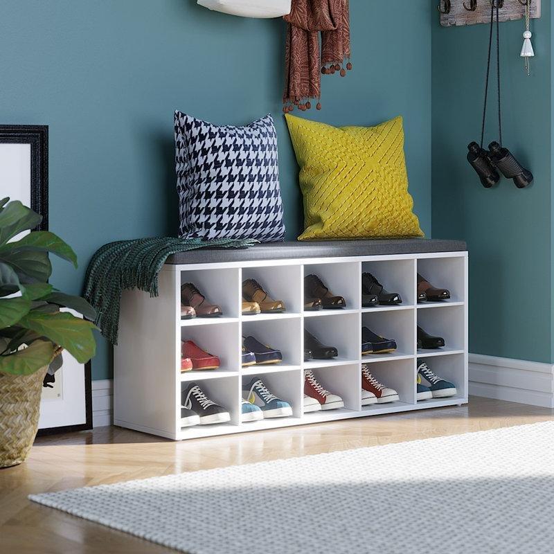Beyaz ve Gri Endüstriyel Ahşap 15 Bölmeli Minderli Ayakkabılık Bench - 105x30x48 cm - 120607
