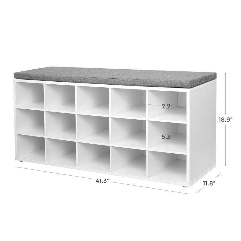 Beyaz ve Gri Endüstriyel Ahşap 15 Bölmeli Minderli Ayakkabılık Bench - 105x30x48 cm - 120607