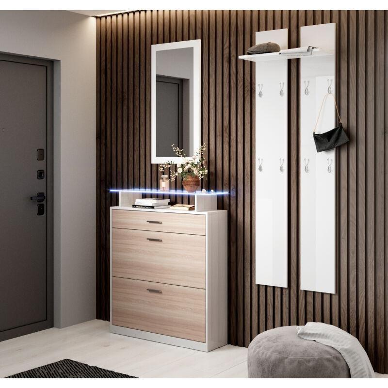 Beyaz ve Gri Melamin Kaplama LED Işıklı ve Askılık Setli Aynalı Ayakkabılık - 89x24x105 cm - 119110