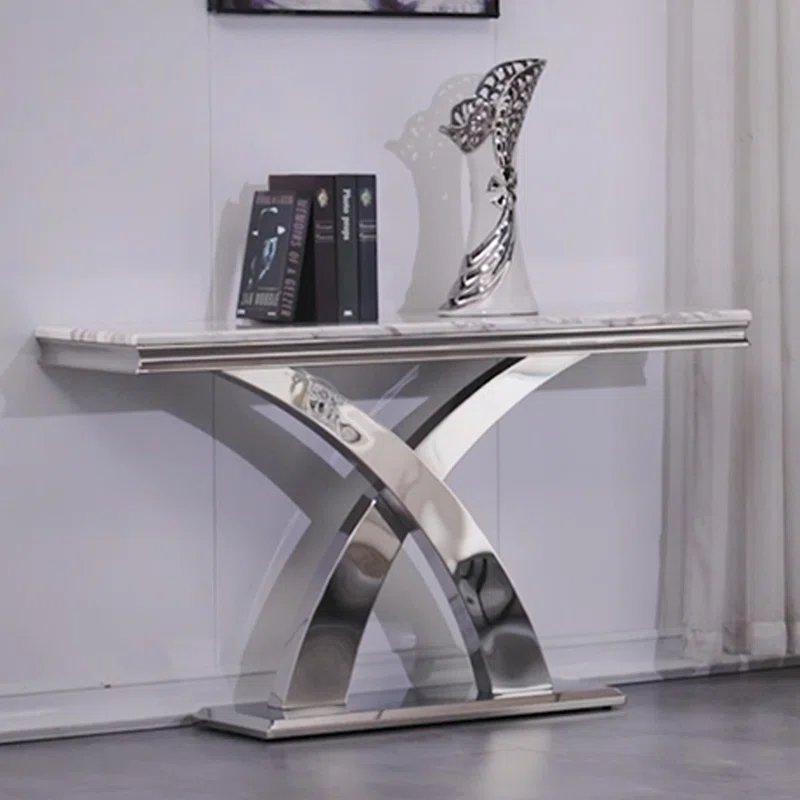 Beyaz ve Gümüş Metal Ahşap X Ayaklı Dokulu Üst Yüzey Aynalı Dresuar - 127x41x77 cm - 132652