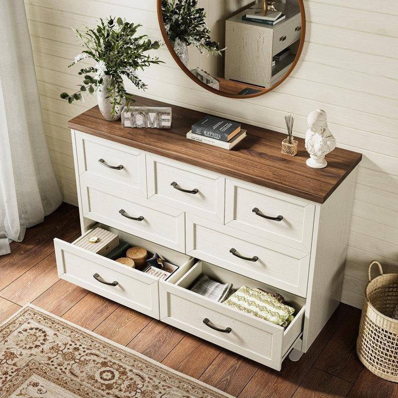 Beyaz ve Kahverengi Endüstriyel Ahşap 7 Çekmeceli Rustik Tasarım Şifonyer-120x41x77 cm - 122842