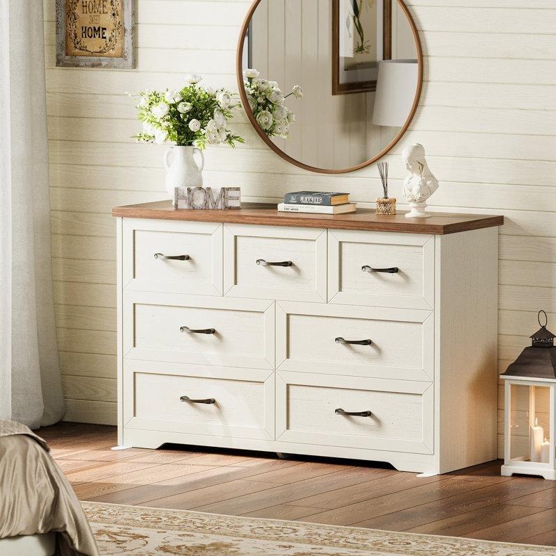Beyaz ve Kahverengi Endüstriyel Ahşap 7 Çekmeceli Rustik Tasarım Şifonyer-120x41x77 cm - 122842