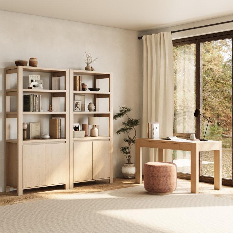 Beyaz ve Kahverengi Endüstriyel Ahşap Çalışma Masası ve 2 Adet Kapaklı Kitaplık - 171x80x40 cm - 141274