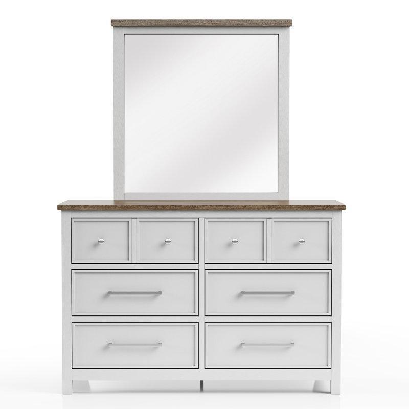 Beyaz ve Kahverengi Masif Çam Ağacı 6 Çekmeceli Aynalı Şifonyer - 138x183 cm - 123891