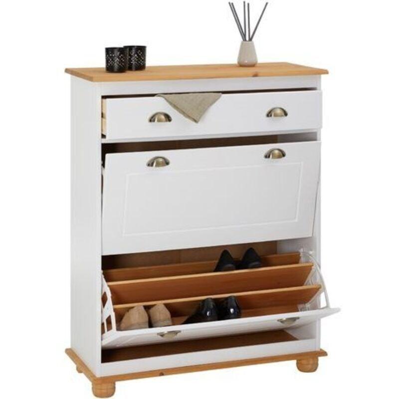 Beyaz ve Kahverengi Masif Çam Ağacı Çekmeceli Düşer Kapaklı Ayakkabılık - 75 cm - 120062