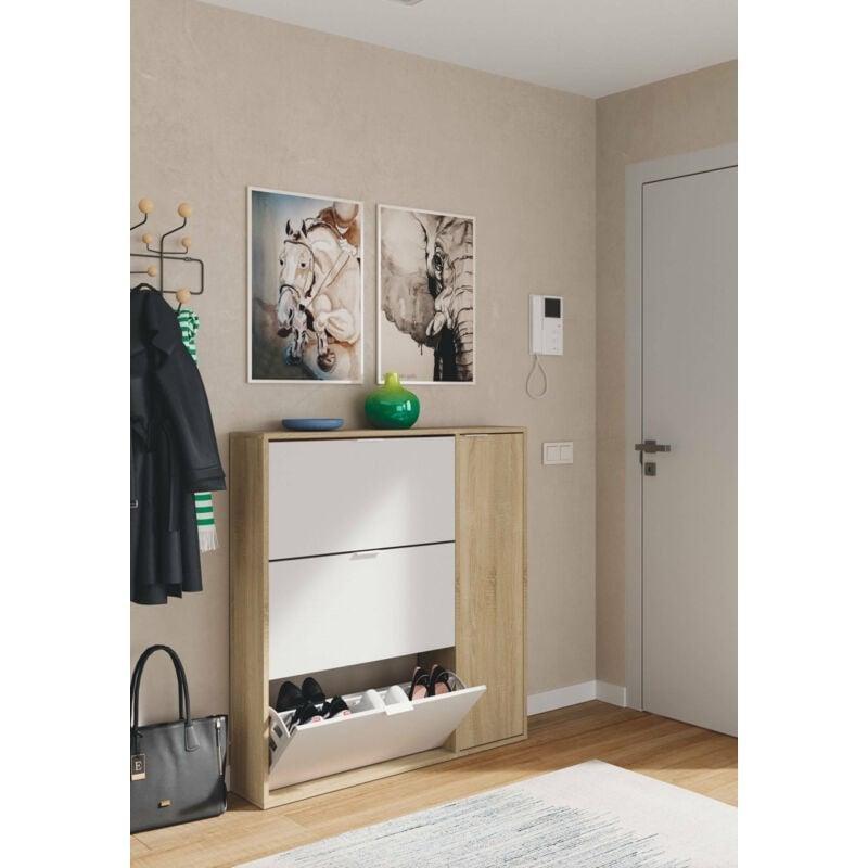 Beyaz ve Kanada Meşe Melamin Kaplama 3 Düşer Kapaklı Dolaplı Ayakkabılık - 106x22x115 cm - 120069