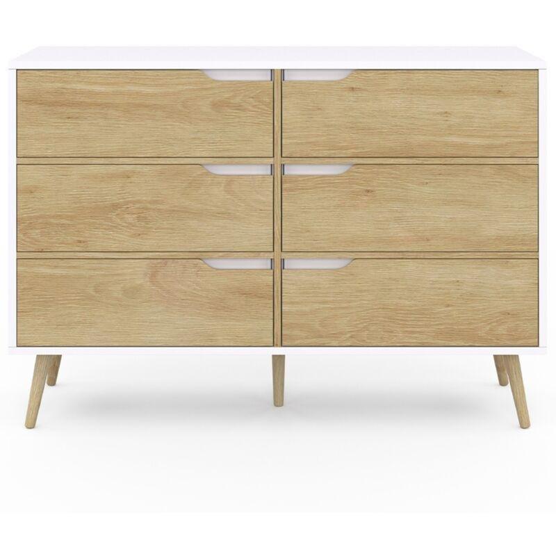 Beyaz ve Kayın Rengi Ahşap Ayaklı 6 Çekmeceli İskandinav Şifonyer - 115x40x80 cm - 123508