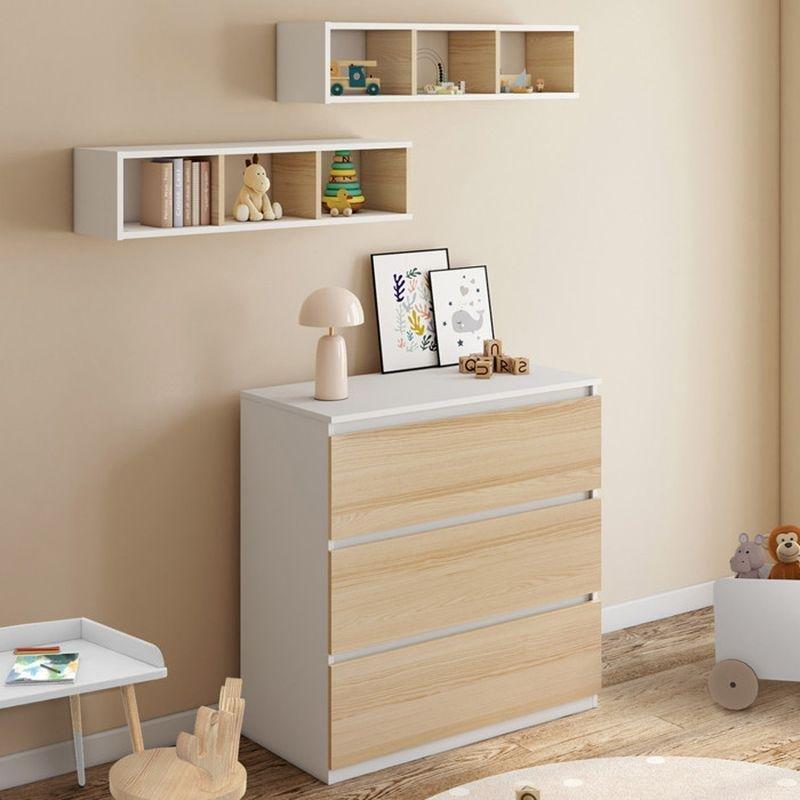 Beyaz ve Kayın Renk Ahşap Görünümlü Çıkarılabilir Alt Açma Üniteli Yan Raflı 3 Çekmeceli Şifonyer - 123627