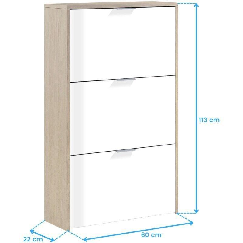 Beyaz ve Meşe Detaylı Endüstriyel Ahşap 3 Düşer Kapaklı Beyaz Ayakkabılık - 60x22x113 cm - 119333