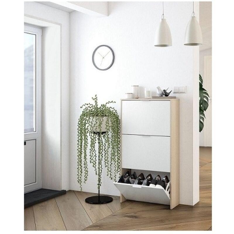 Beyaz ve Meşe Detaylı Endüstriyel Ahşap 3 Düşer Kapaklı Beyaz Ayakkabılık - 60x22x113 cm - 119333