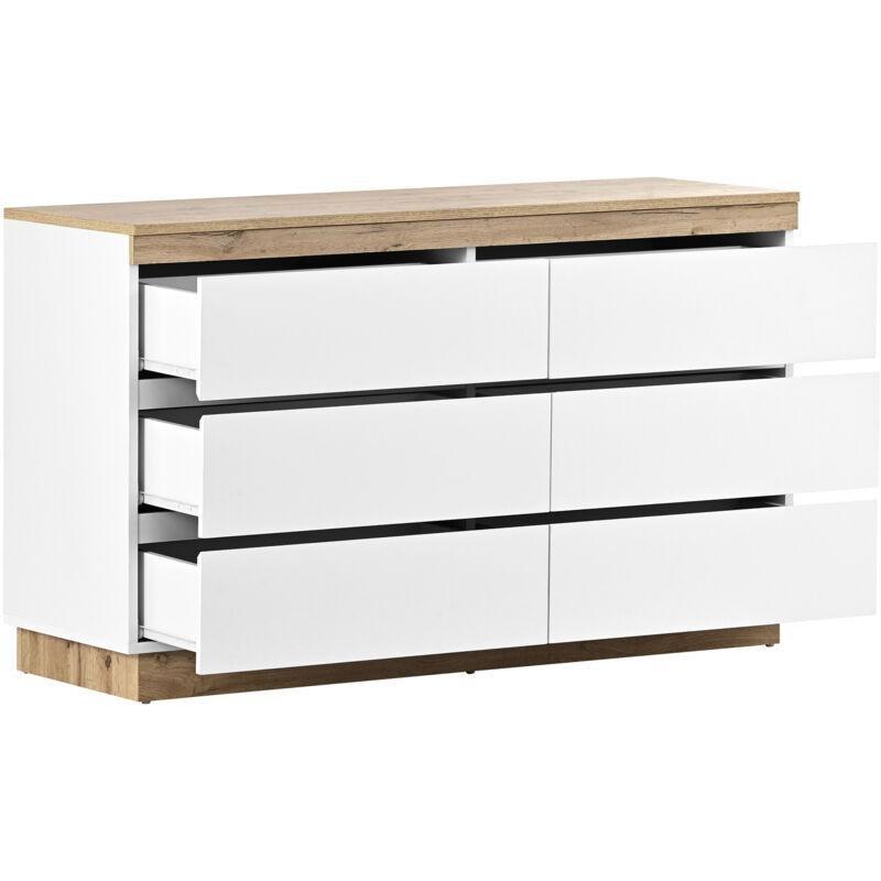 Beyaz ve Meşe E1 Yonga Levha 6 Geniş Çekmeceli Kulpsuz Tasarım Şifonyer - 110x40x68 cm - 123437