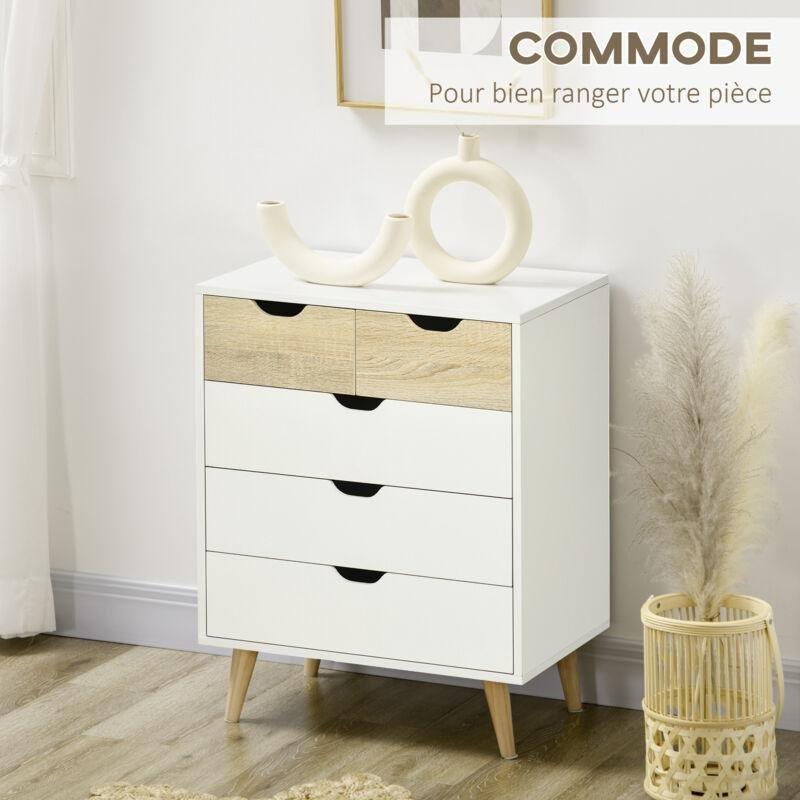 Beyaz ve Meşe Endüstriyel Ahşap 5 Çekmeceli İskandinav Tasarım Şifonyer - 60x40x78 cm - 123257