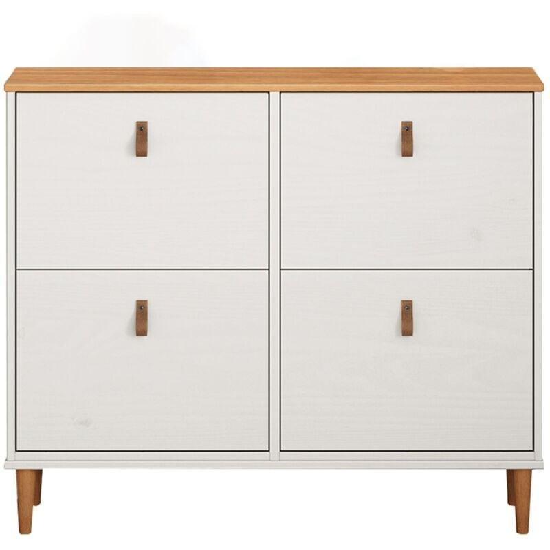 Beyaz ve Meşe Masif Çam 4 Düşer Kapaklı Deri Kulplu Ayakkabılık - 107x92 cm - 119153