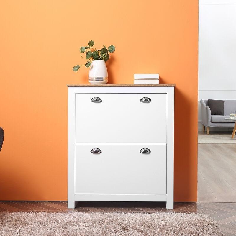 Beyaz ve Meşe MDF 2 Düşer Kapaklı Metal Kulplu Ayakkabılık - 79x23x91 cm - 119346